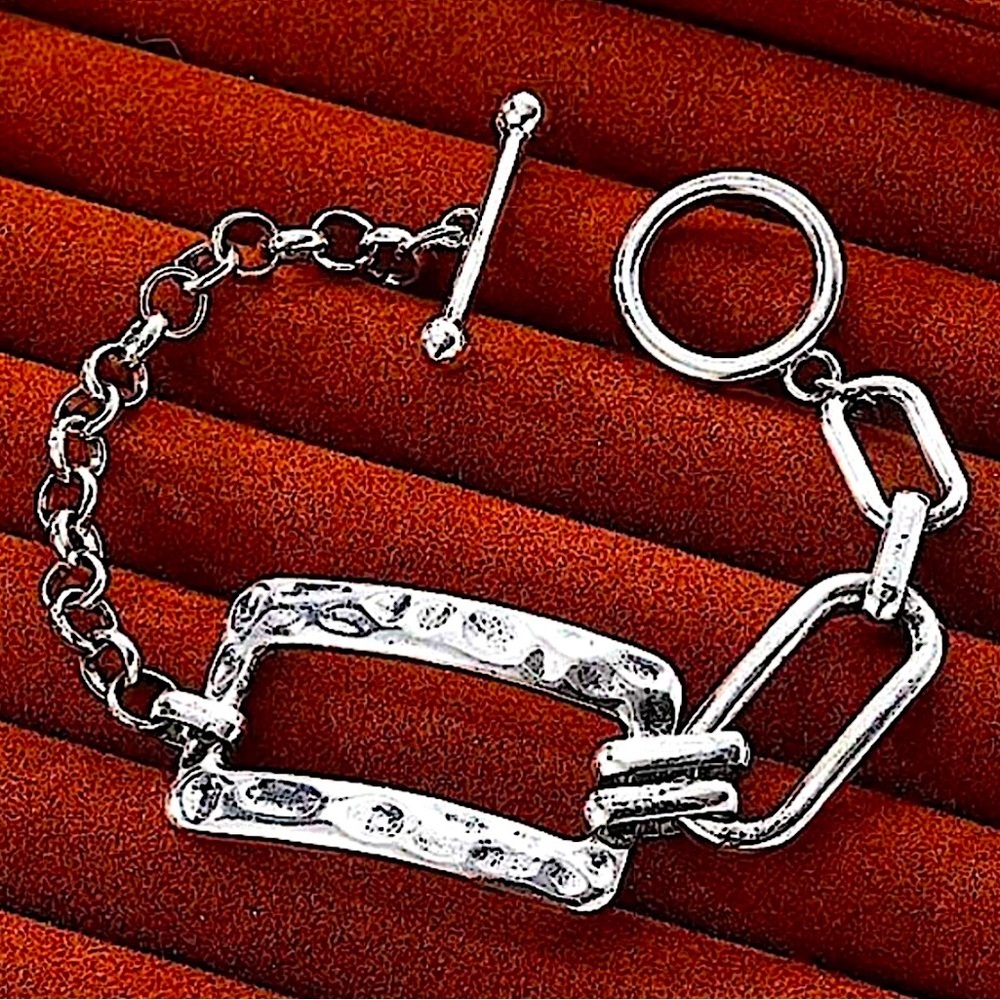Stainless Steel Rectangular Bracelet Boho Hammered Chain Link